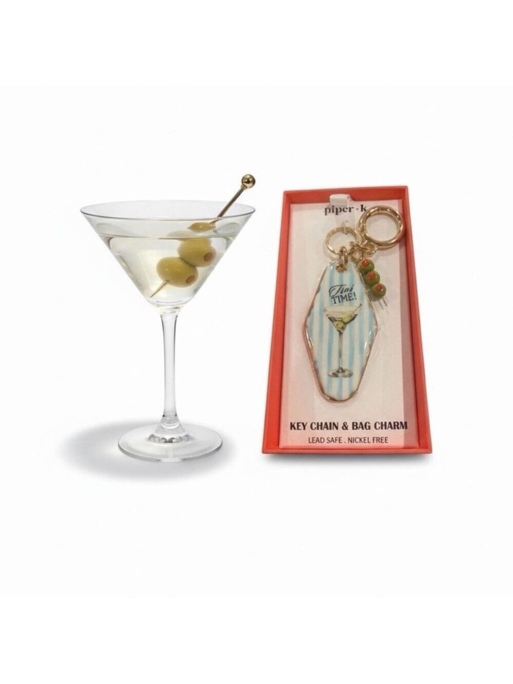 Piper K Blue Stripe Martini Bag Charm Keychain NIB